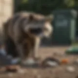 A raccoon outside a trash can