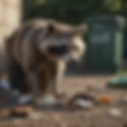 A raccoon outside a trash can