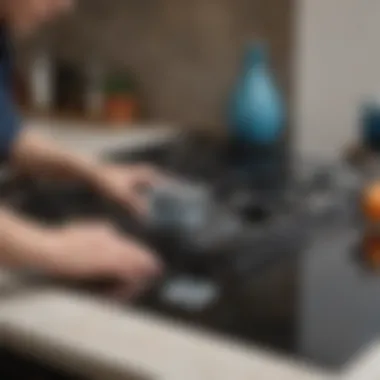 Applying cleaning solution on a glass top stove with a cloth