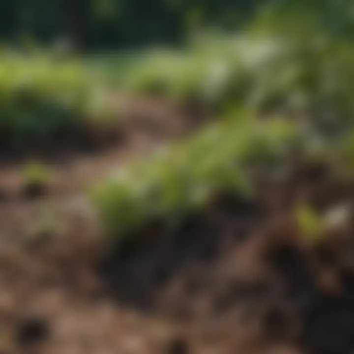 A close-up of organic mulch spread around plants