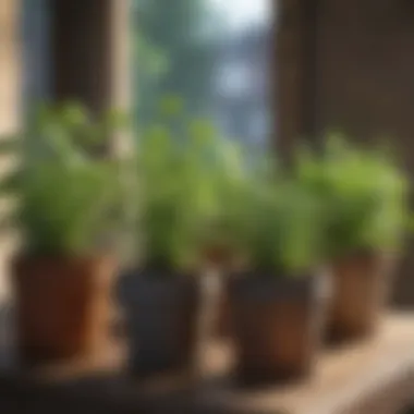 Herbs growing in decorative small containers