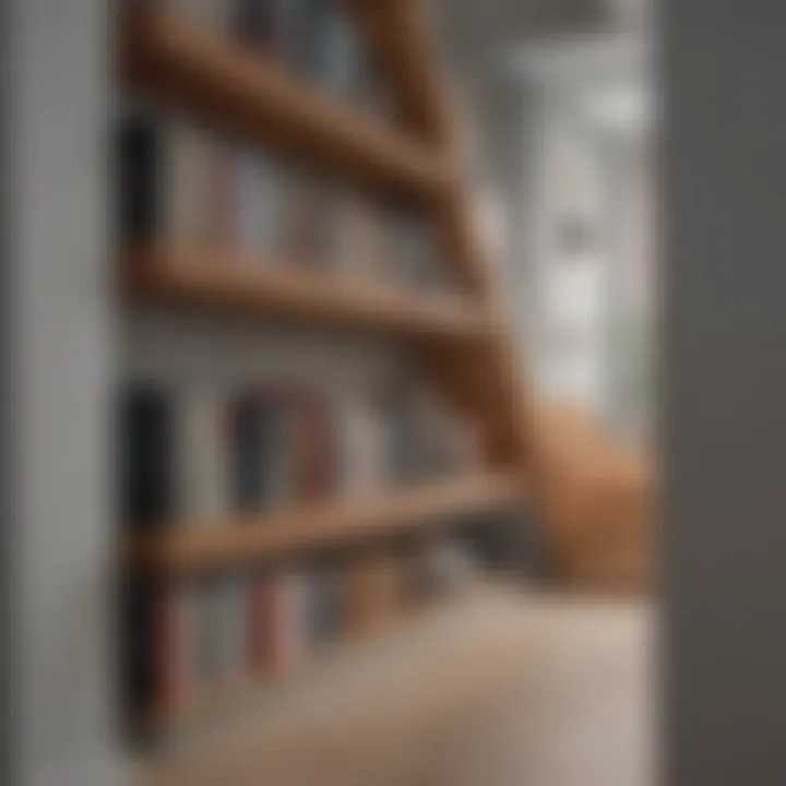 Stylish under-stairs shelving unit showcasing books and decor