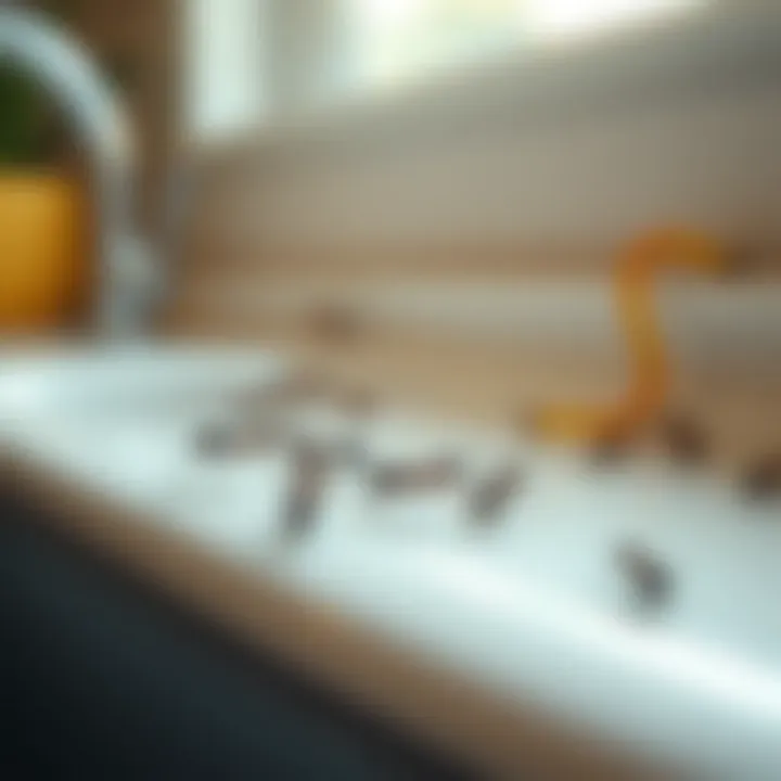 Close-up of ants near a kitchen sink