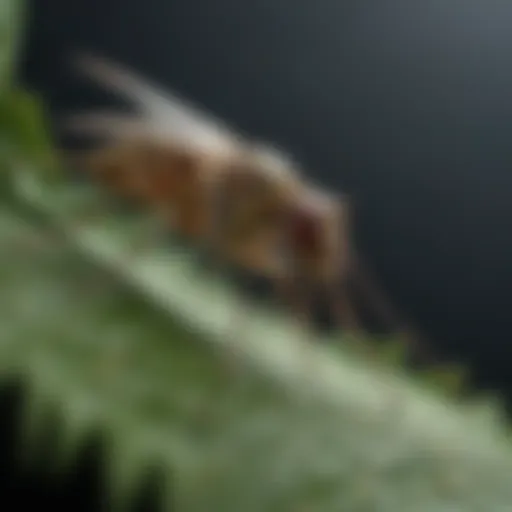 Close-up of a gnat on a leaf, showcasing its details.