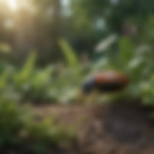 A lush garden with various plants attracting beneficial insects