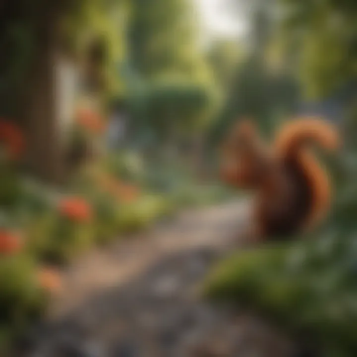 A peaceful coexistence scene of red squirrels and residential gardens