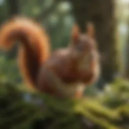 A scenic view of a red squirrel in its natural habitat among trees