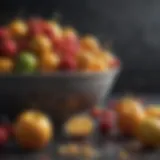 Close-up of gnats swarming around a fruit bowl