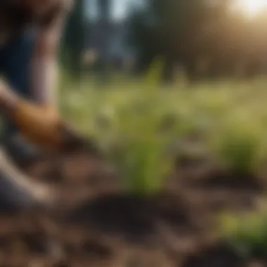 Close-up of weeds being pulled from the soil