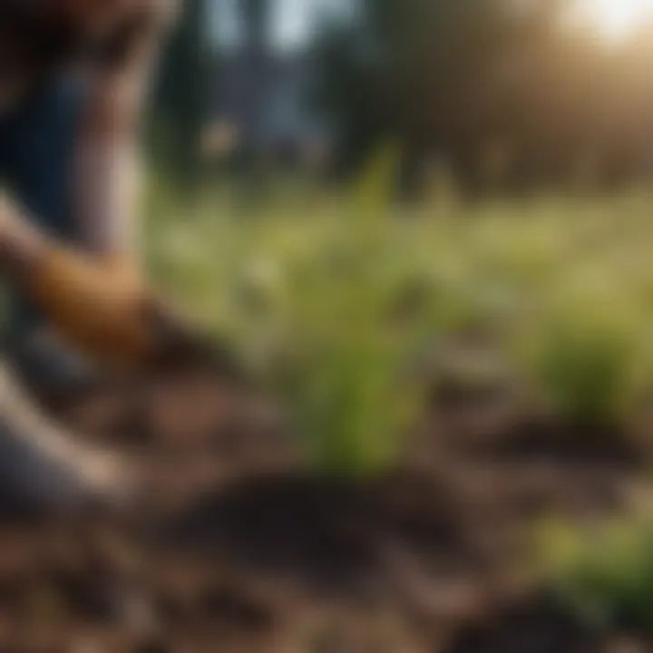 Close-up of weeds being pulled from the soil