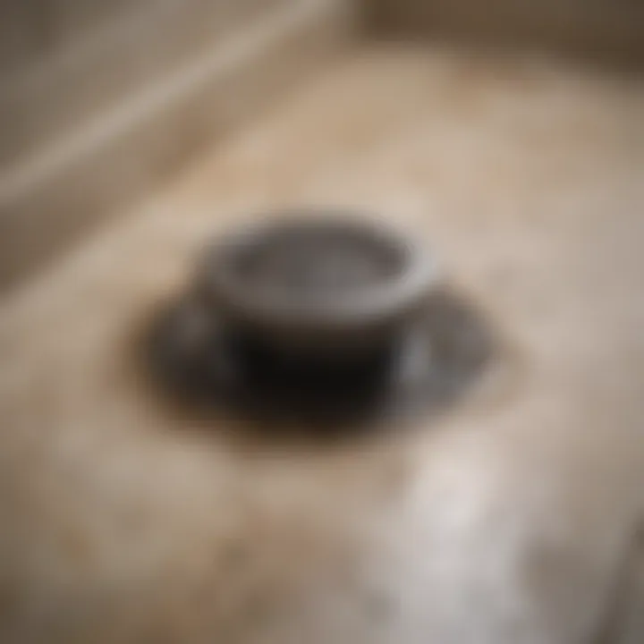 A close-up view of a shower drain filled with hair buildup