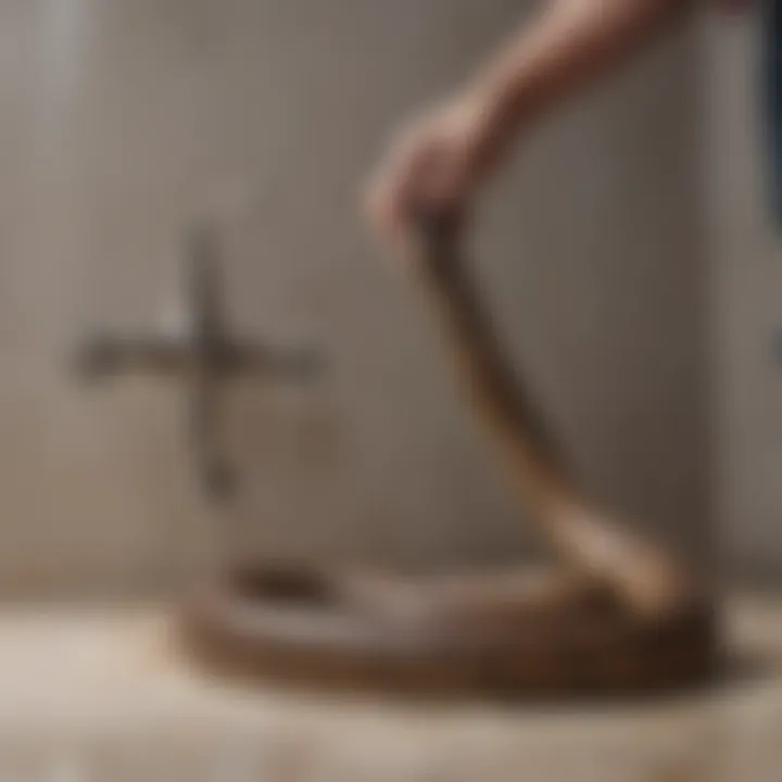 A person using a plumbing snake to clear a clogged drain