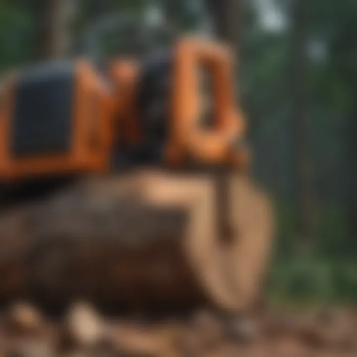 A close-up view of a tree stump being cut using specialized equipment