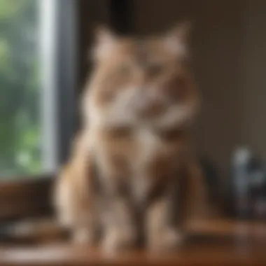 A pet owner grooming their cat with a specialized brush