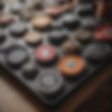 Close-up of pot lids neatly arranged in an organizer