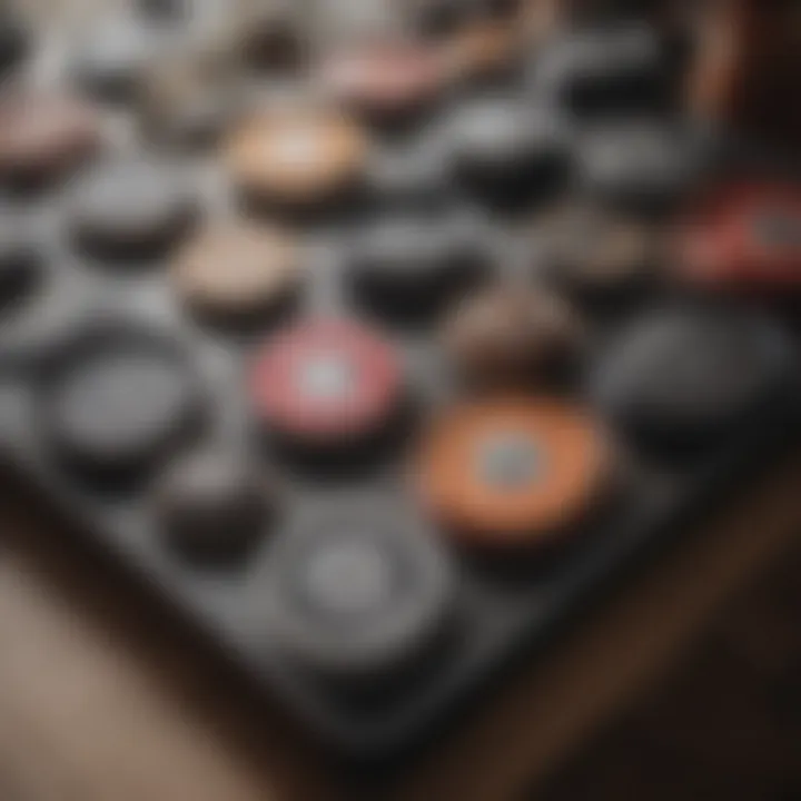 Close-up of pot lids neatly arranged in an organizer