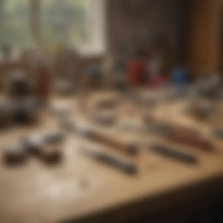 Various tools laid out for refinishing cabinets