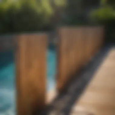 Wooden pool fence blending with natural surroundings