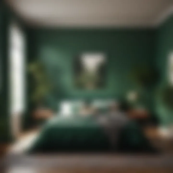 A modern bedroom showcasing a deep green hue, representing nature