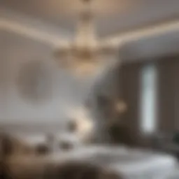 Elegant crystal chandelier hanging in a contemporary bedroom