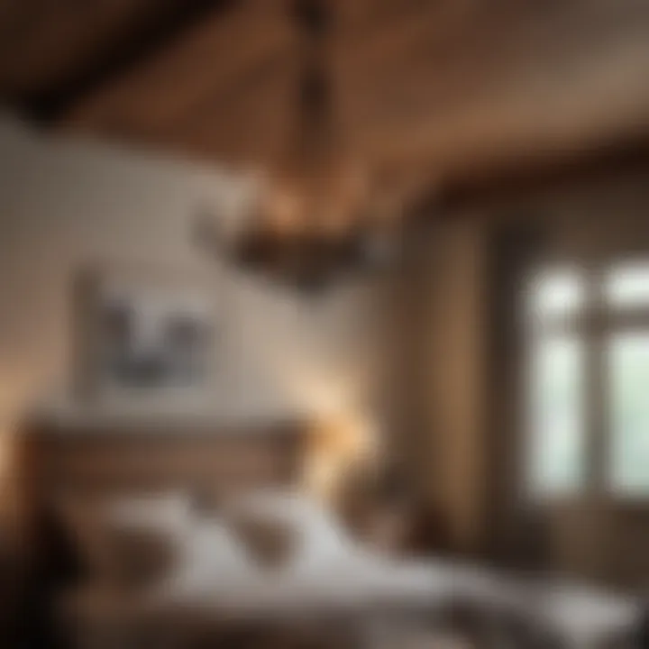 Rustic chandelier made of wood and metal in a cozy bedroom setting