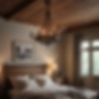 Rustic Wood and Metal Chandelier in Cozy Bedroom Rustic chandelier made of wood and metal in a cozy bedroom setting