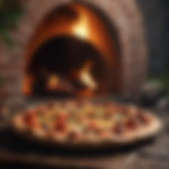 A beautifully cooked pizza emerging from an outdoor oven