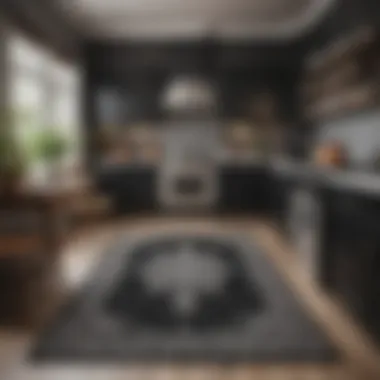 Elegant black and white rug set in a traditional kitchen setting