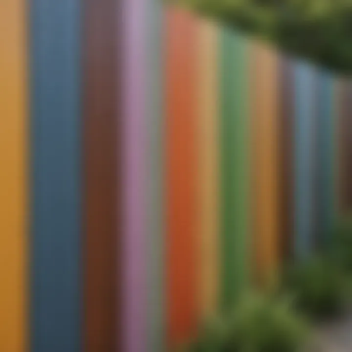 Close-up of various colour fence panels against a natural backdrop