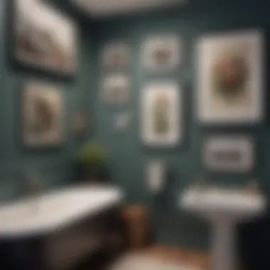 Eclectic bathroom featuring a gallery wall of unique art pieces