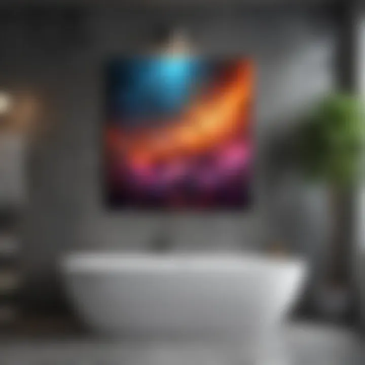 Stylish abstract wall art in a modern bathroom