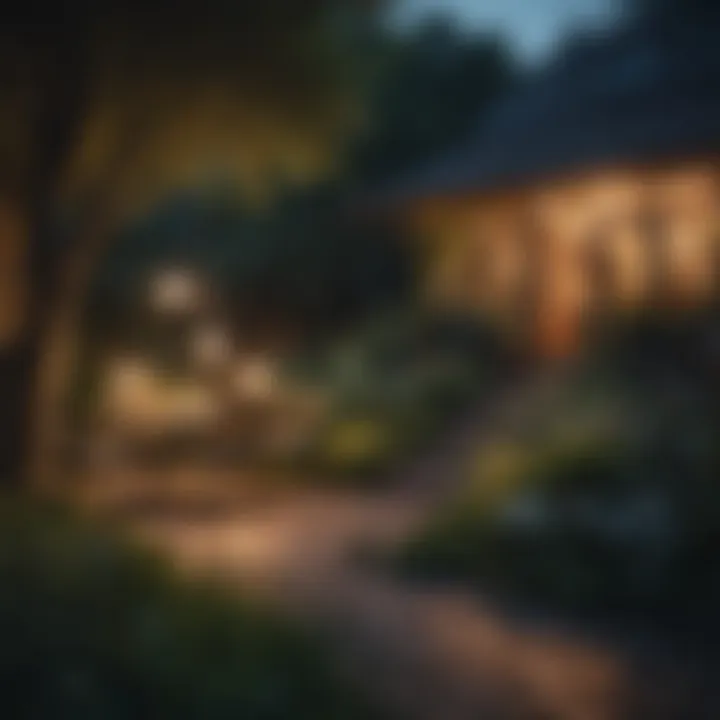 Lush garden illuminated by cool light at dusk