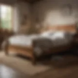 Rustic wooden bed frame with soft linens