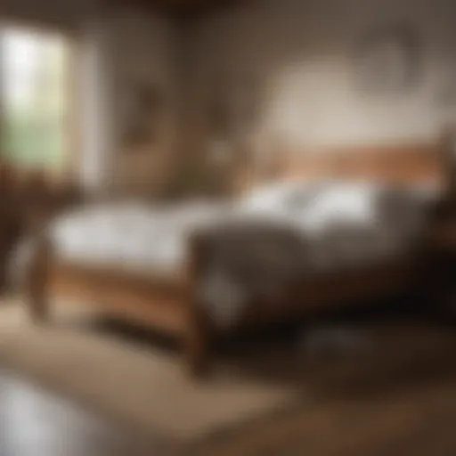 Rustic wooden bed frame with soft linens
