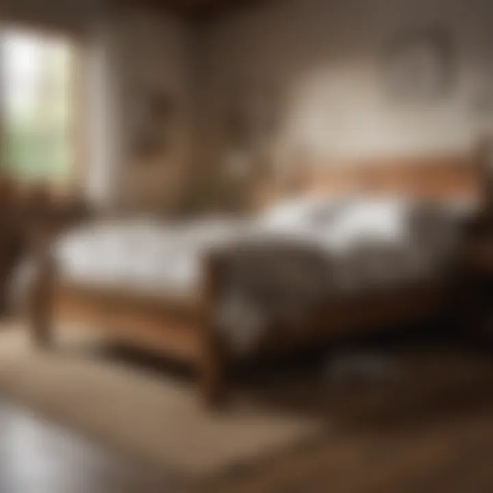 Rustic wooden bed frame with soft linens