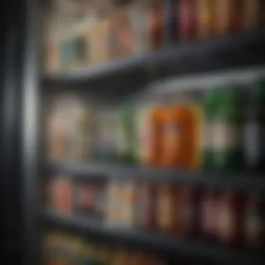 Close-up of a fridge drinks rack with different beverage types