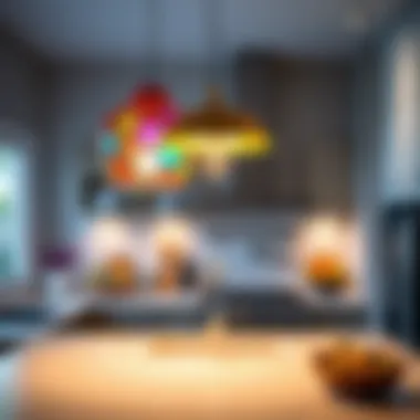 A vibrant pendant light with artistic design illuminating a modern kitchen