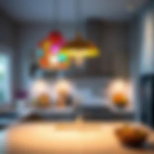 A vibrant pendant light with artistic design illuminating a modern kitchen