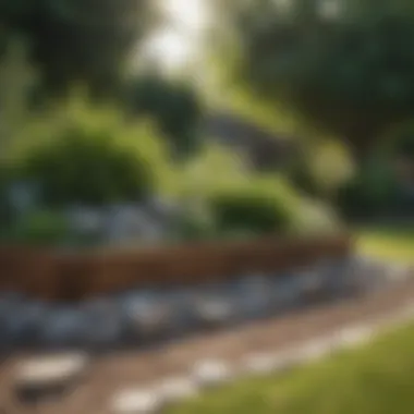 An elegant wooden garden bed bordered with stones in a serene backyard.