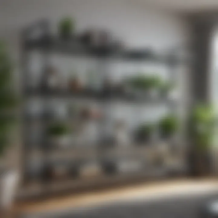 Modern metal and glass display shelves in a contemporary living room