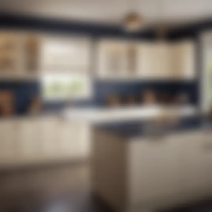 A modern kitchen featuring cream cabinets with a rich navy blue accent wall.