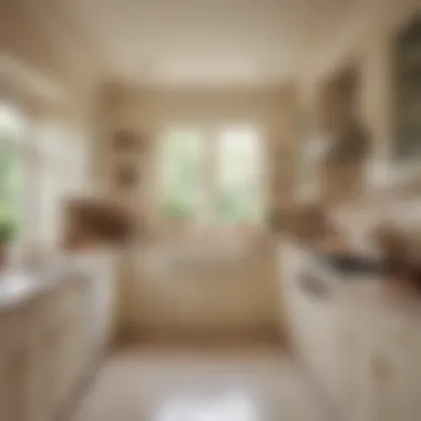 A cozy kitchen showcasing cream cabinets complemented by soft pastel colors.