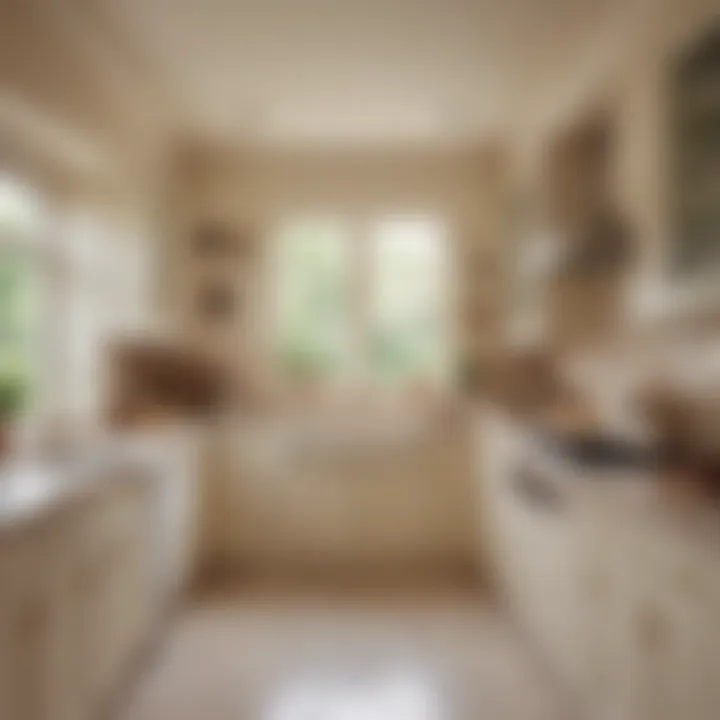 A cozy kitchen showcasing cream cabinets complemented by soft pastel colors.