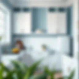 Elegant soft blue kitchen walls with white cabinetry