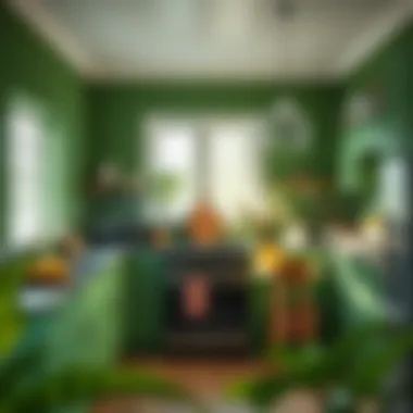 Rich green kitchen walls enhancing natural light and energy