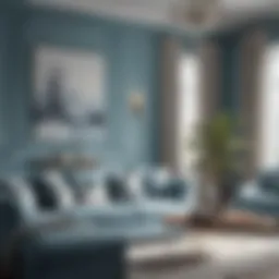 A soft blue living room with elegant decor