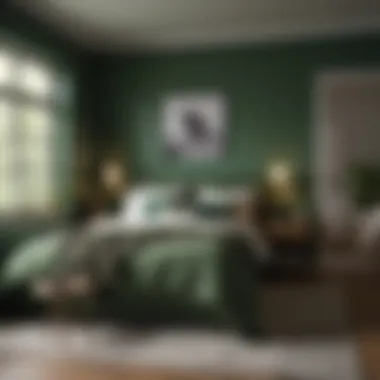 Elegance in Green: A Cozy Bedroom Retreat An elegant bedroom showcasing deep green tones and natural light