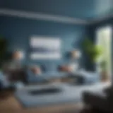 A serene living room featuring soft blue walls and minimalist decor