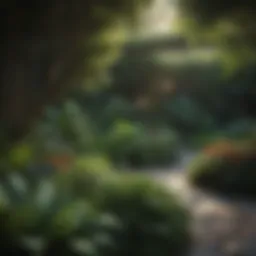 A lush shaded garden featuring various low light plants.