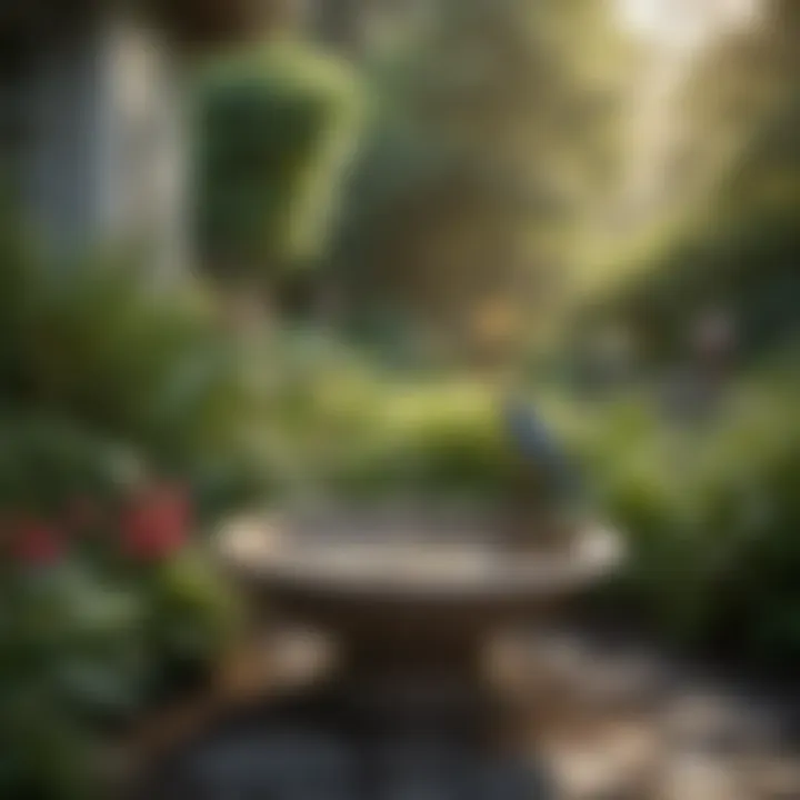 A serene backyard setting with a 12-inch bird bath bowl as the focal point